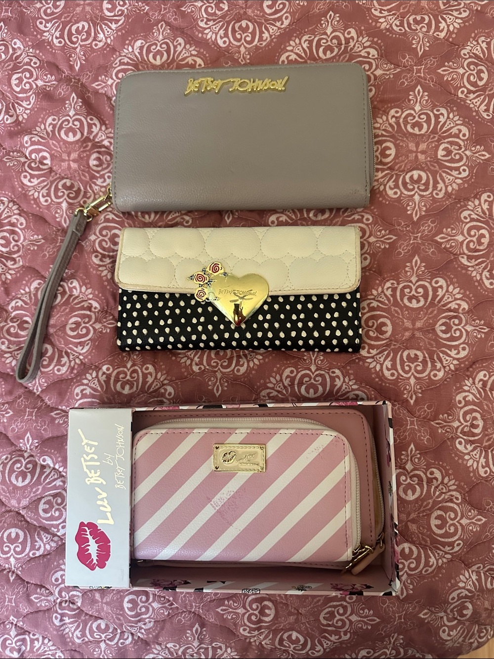 Betsey Johnson Pink & Gray Wallet Trio with Gold Accents